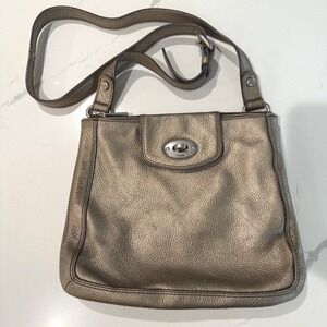 Fossil Metallic Bronze Leather Shoulder Bag Turn Lock Adjustable Crossbody Purse